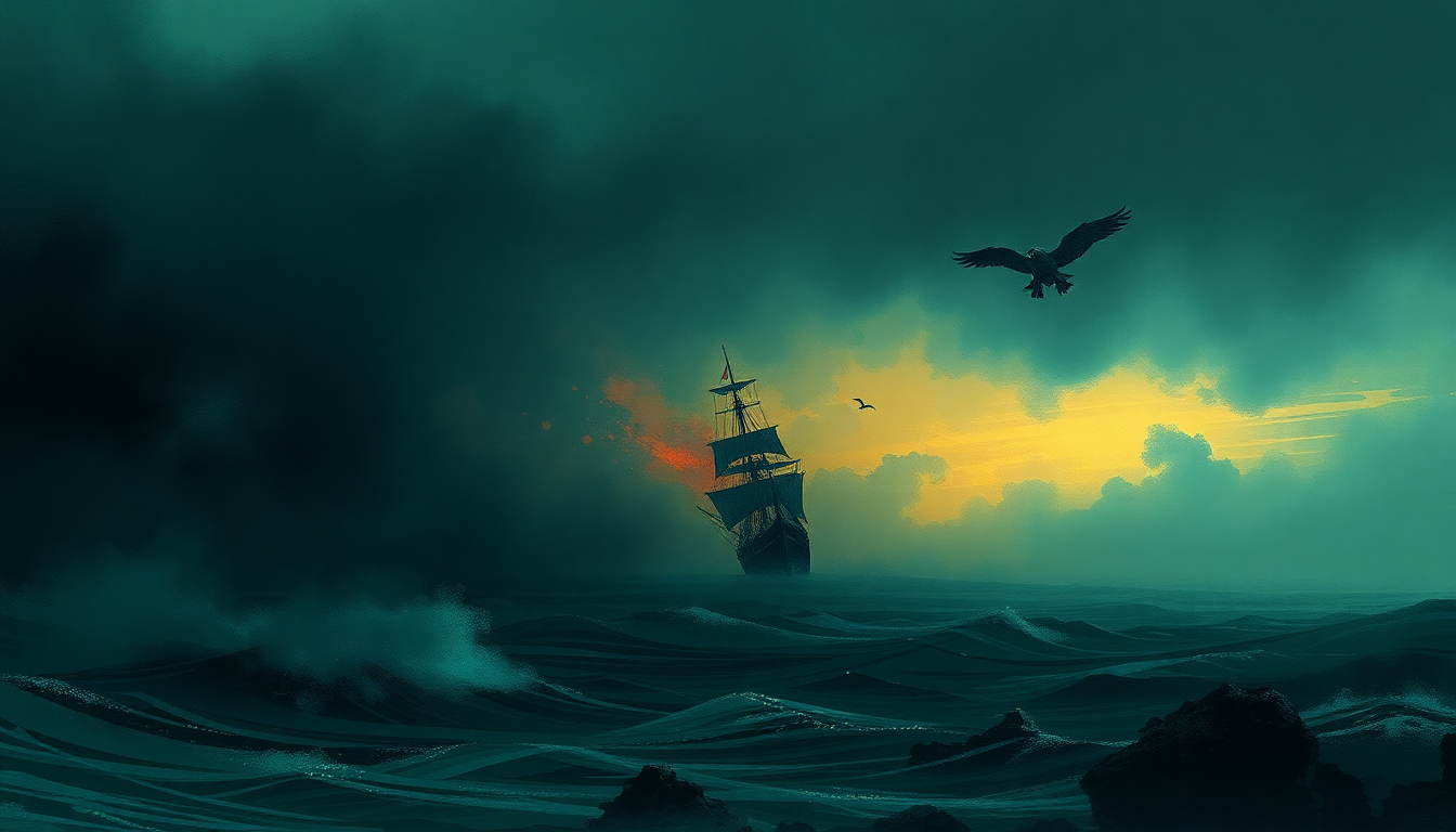 Fan-driven abstract illustration evoking the emotional arc of Pirates of the Caribbean by Hans Zimmer