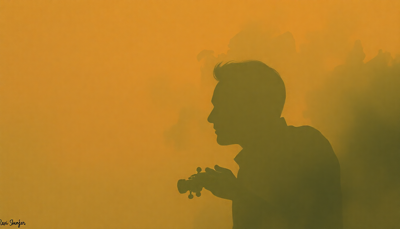 Fan-driven abstract illustration evoking the emotional arc of Raga Bhimpalasi by Ravi Shankar
