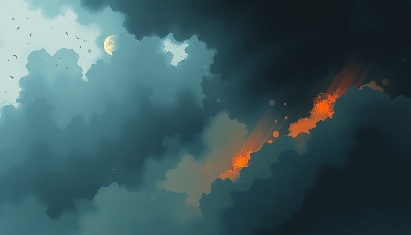 Fan-driven abstract illustration evoking the emotional arc of Rainmaker by Iron Maiden