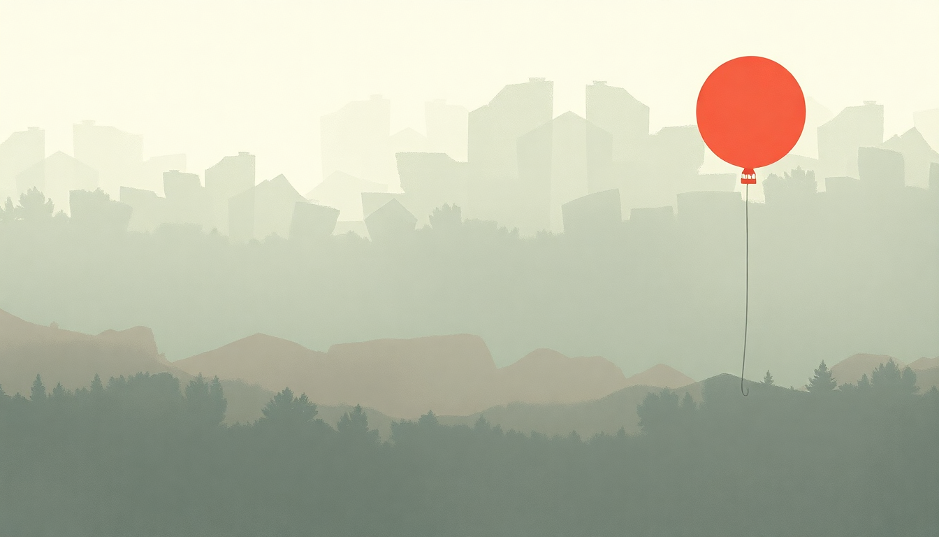 Fan-driven abstract illustration evoking the emotional arc of Red Balloon by Squirrel Flower