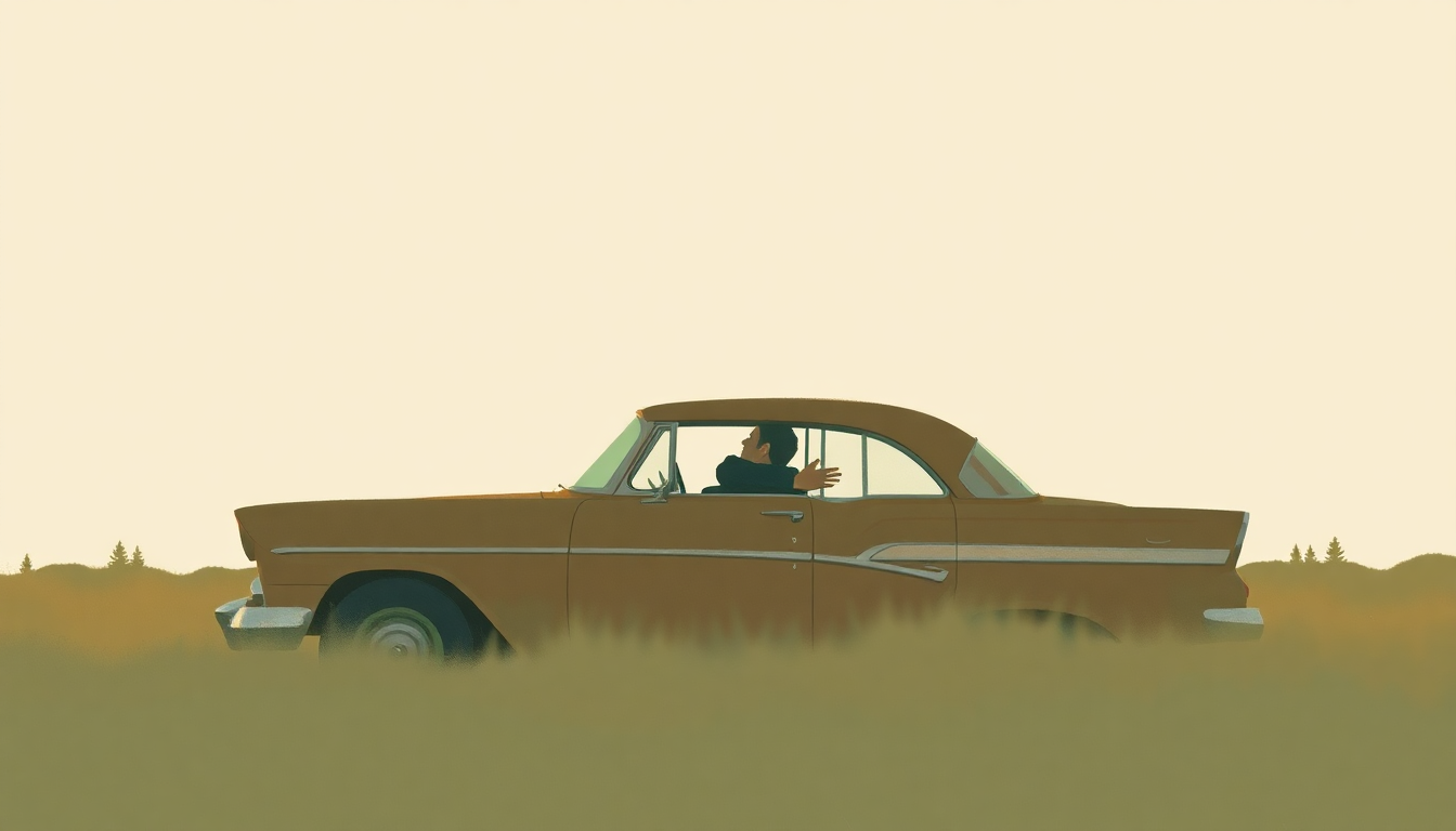 Fan-driven abstract illustration evoking the emotional arc of Riding in My Car by Woody Guthrie