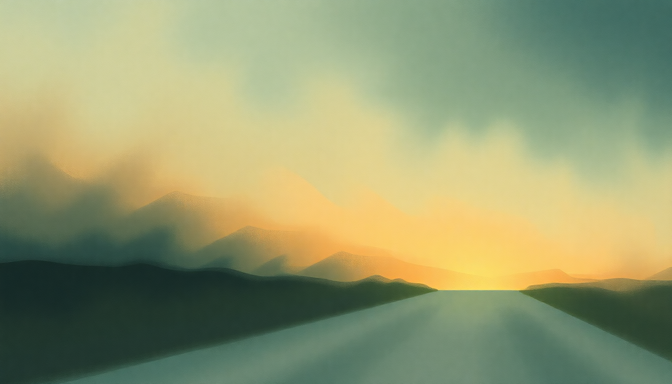 Fan-driven abstract illustration evoking the emotional arc of Road to Joy by Bright Eyes