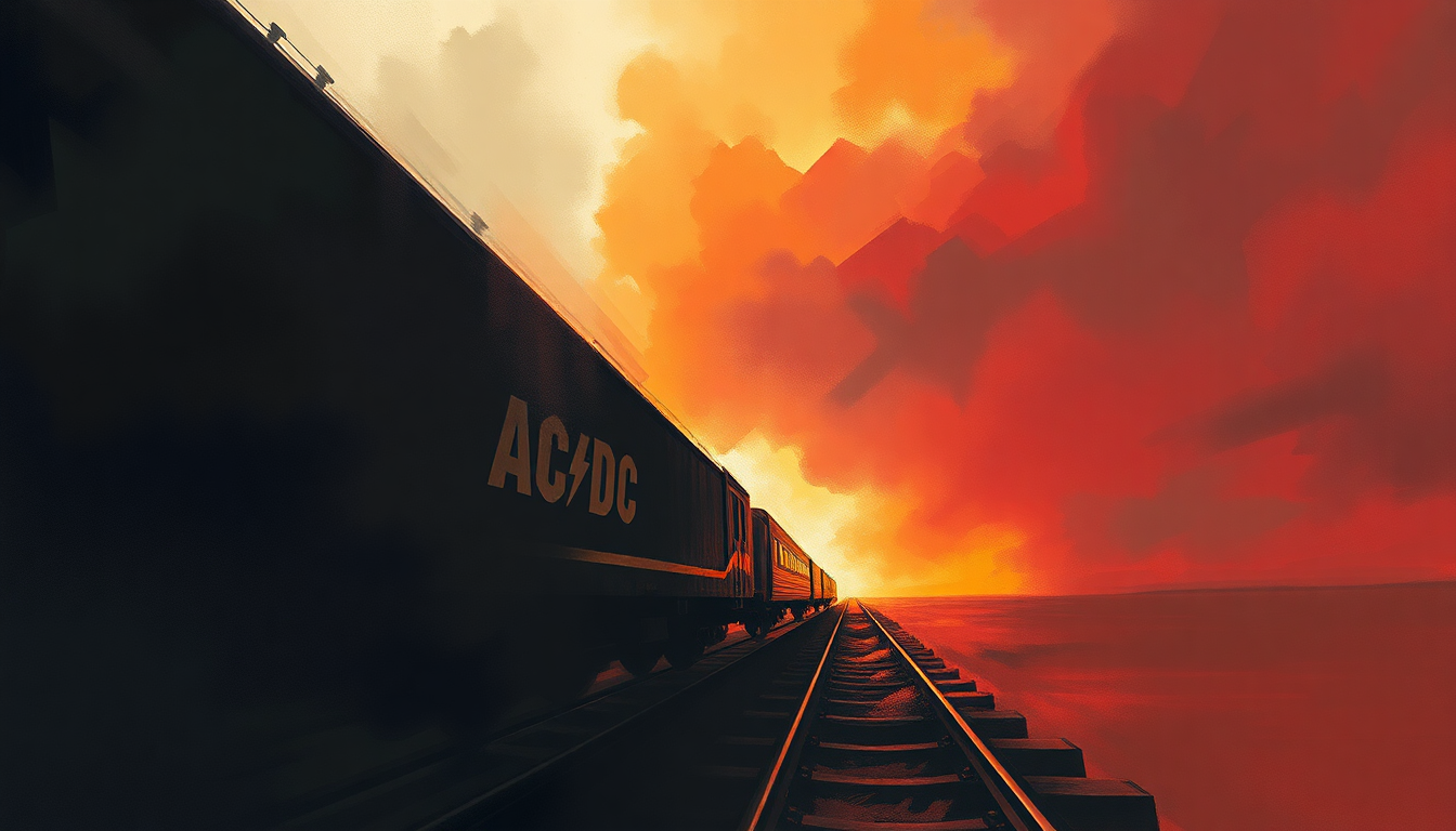 Fan-driven abstract illustration evoking the emotional arc of Rock 'n' Roll Train by AC/DC