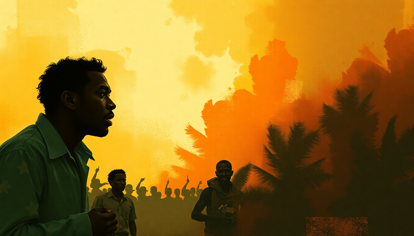 Fan-driven abstract illustration evoking the emotional arc of Roforofo Fight by Fela Kuti