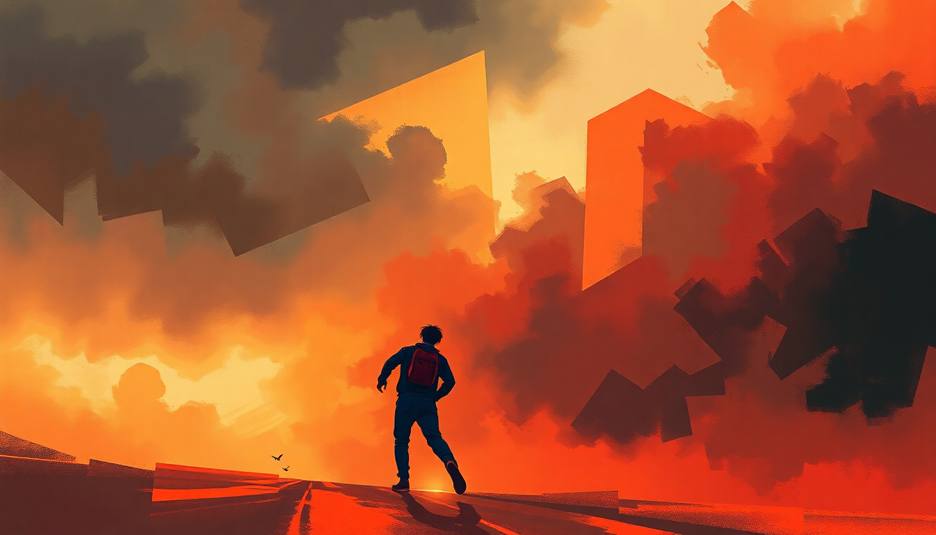Fan-driven abstract illustration evoking the emotional arc of Run BTS by BTS