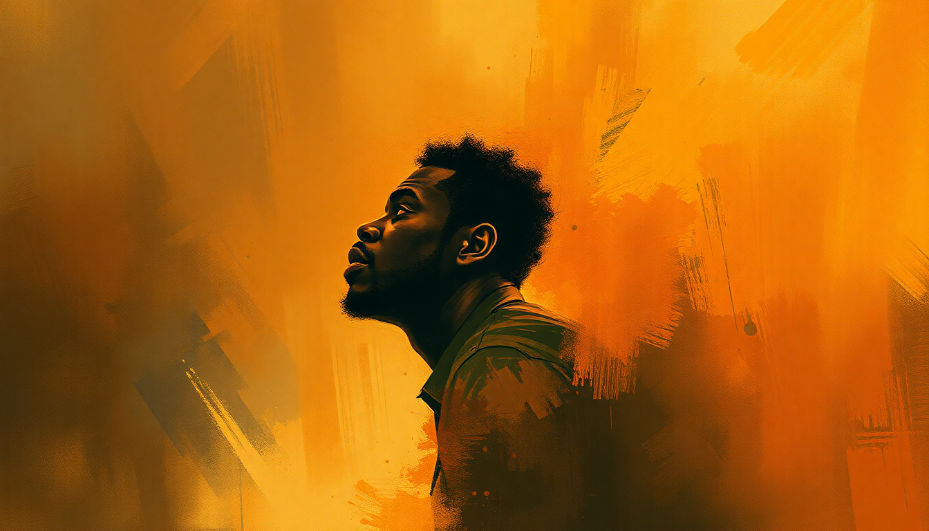 Fan-driven abstract illustration evoking the emotional arc of Say It Loud – I'm Black and I'm Proud by James Brown