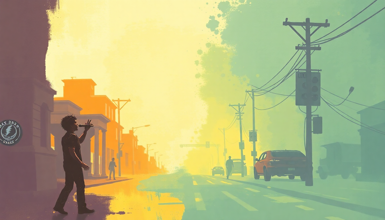 Fan-driven abstract illustration evoking the emotional arc of Shakedown Street by Grateful Dead