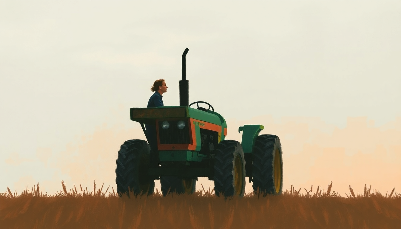 Fan-driven abstract illustration evoking the emotional arc of She Thinks My Tractor's Sexy by Kenny Chesney