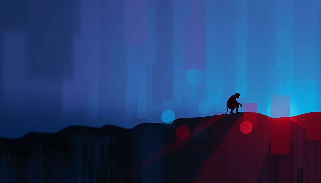 Fan-driven abstract illustration evoking the emotional arc of Shock the Monkey by Peter Gabriel