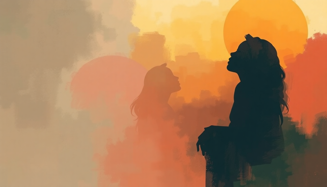 Fan-driven abstract illustration evoking the emotional arc of Sit Down by Sister Rosetta Tharpe