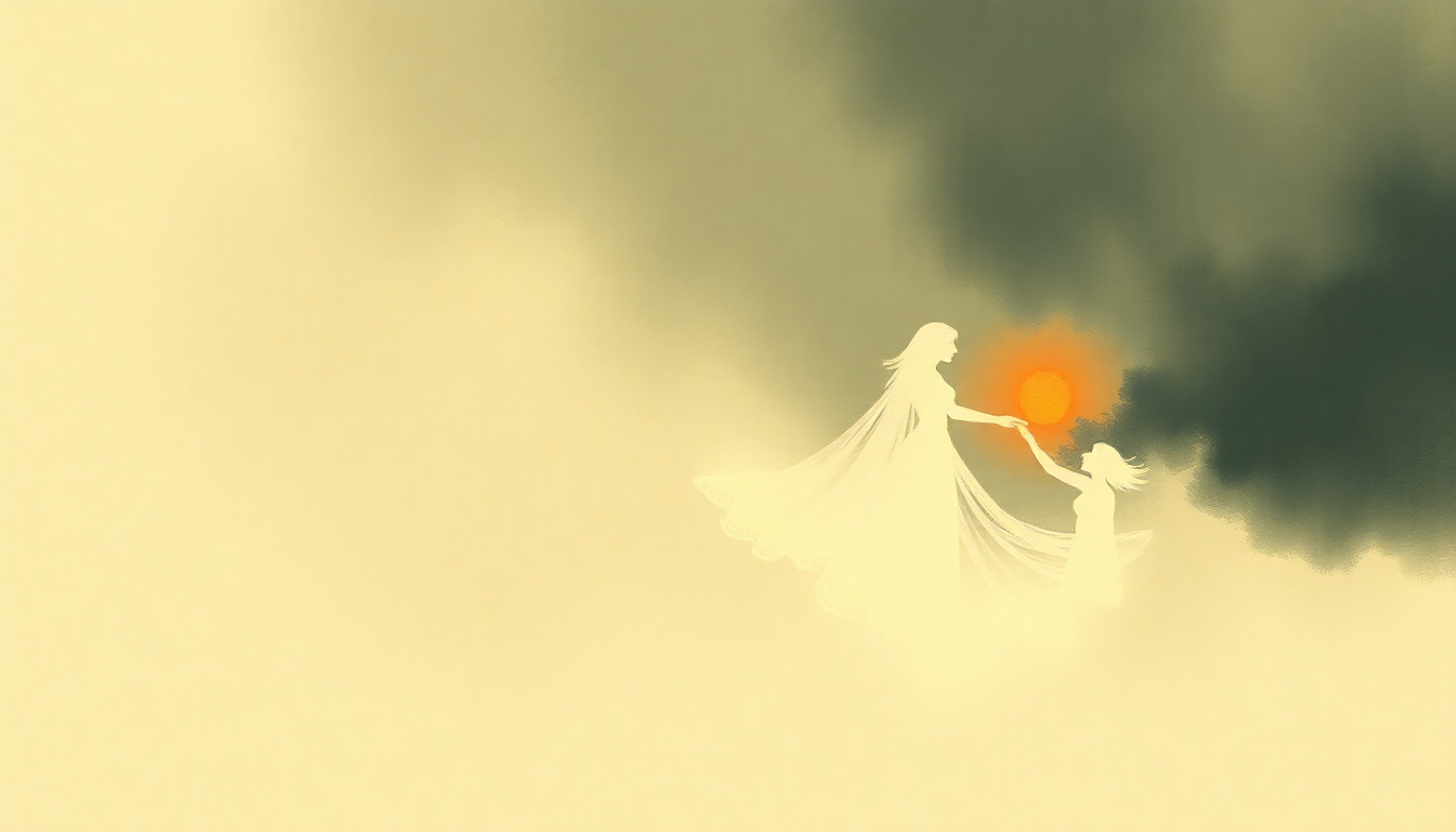 Fan-driven abstract illustration evoking the emotional arc of Somewhere by Luciano Pavarotti
