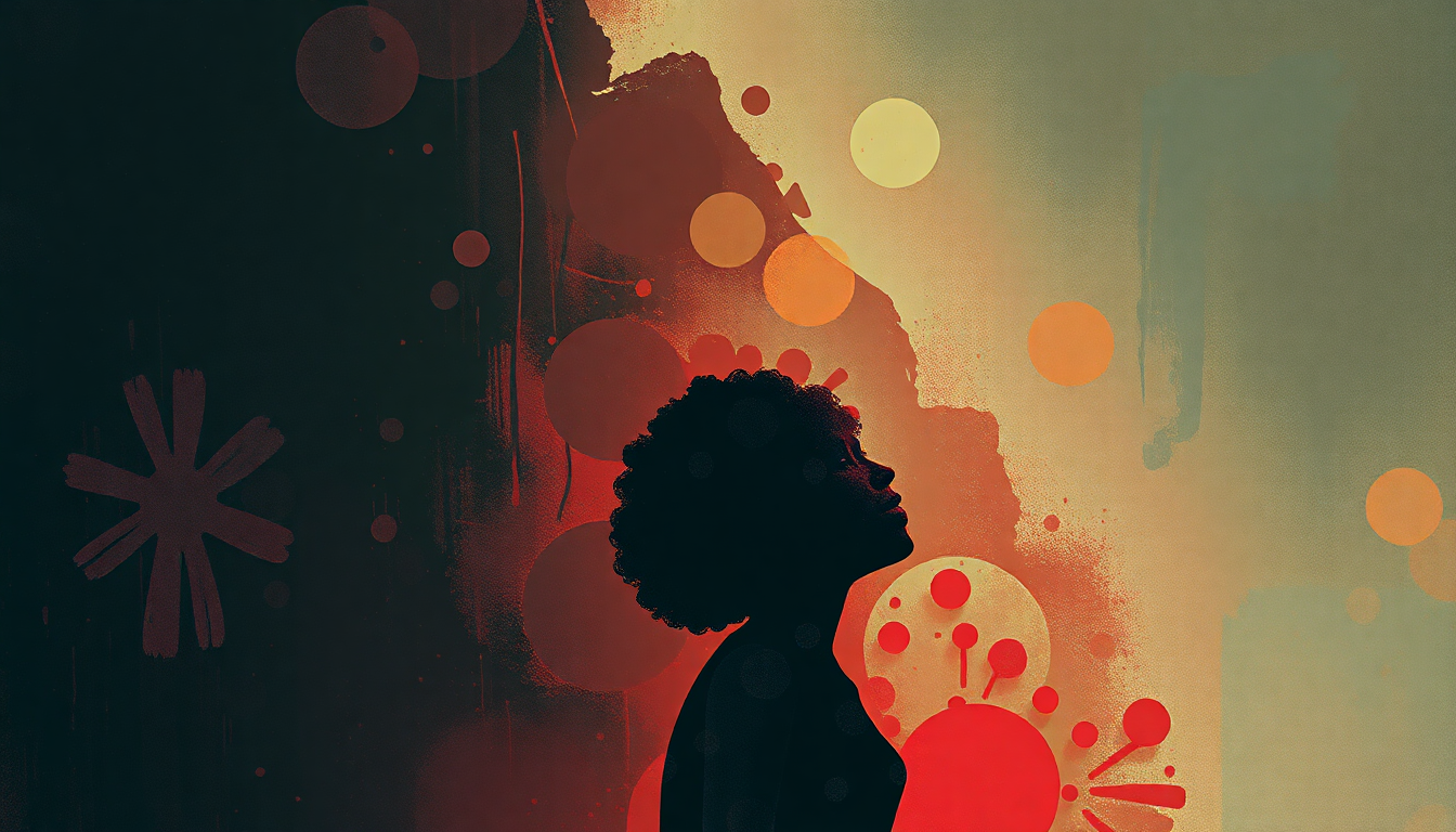 Fan-driven abstract illustration evoking the emotional arc of Soweto Blues by Miriam Makeba