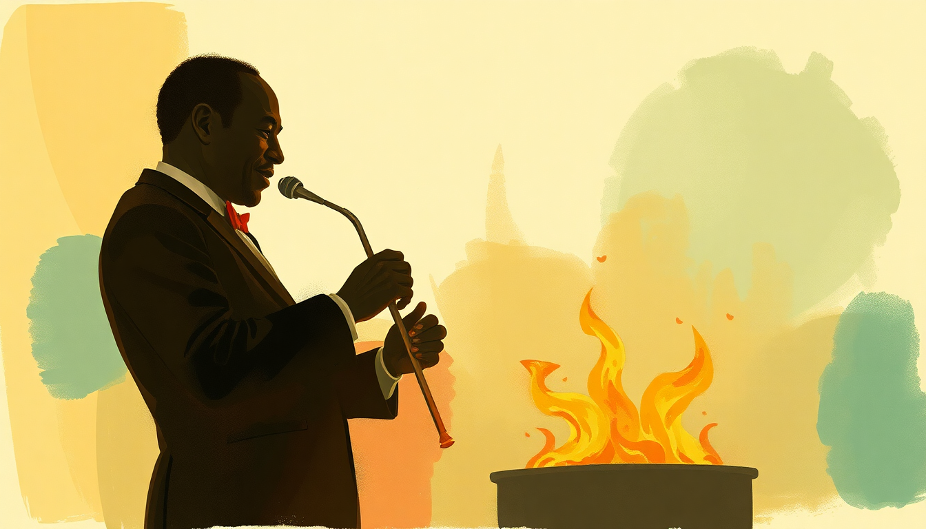 Fan-driven abstract illustration evoking the emotional arc of Struttin' With Some Barbecue by Louis Armstrong