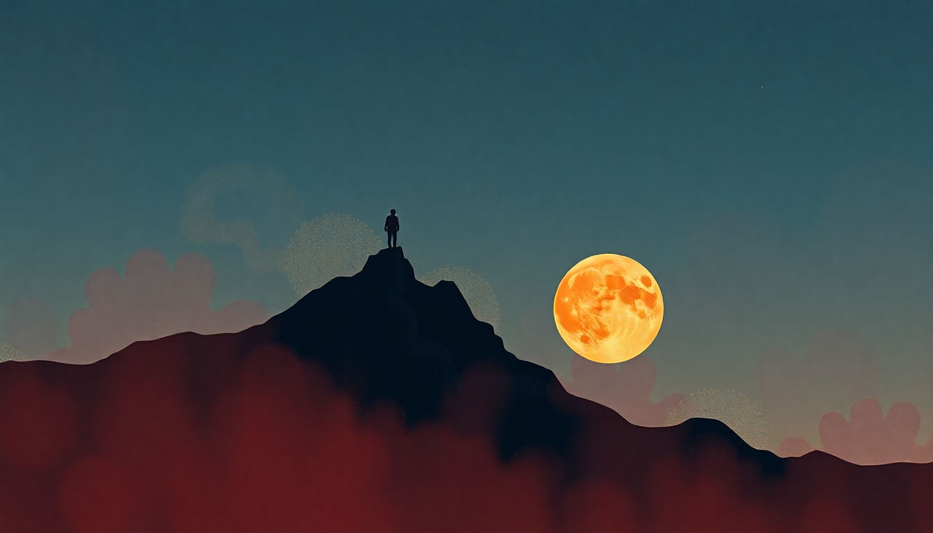 Fan-driven abstract illustration evoking the emotional arc of Superblood Wolfmoon by Pearl Jam