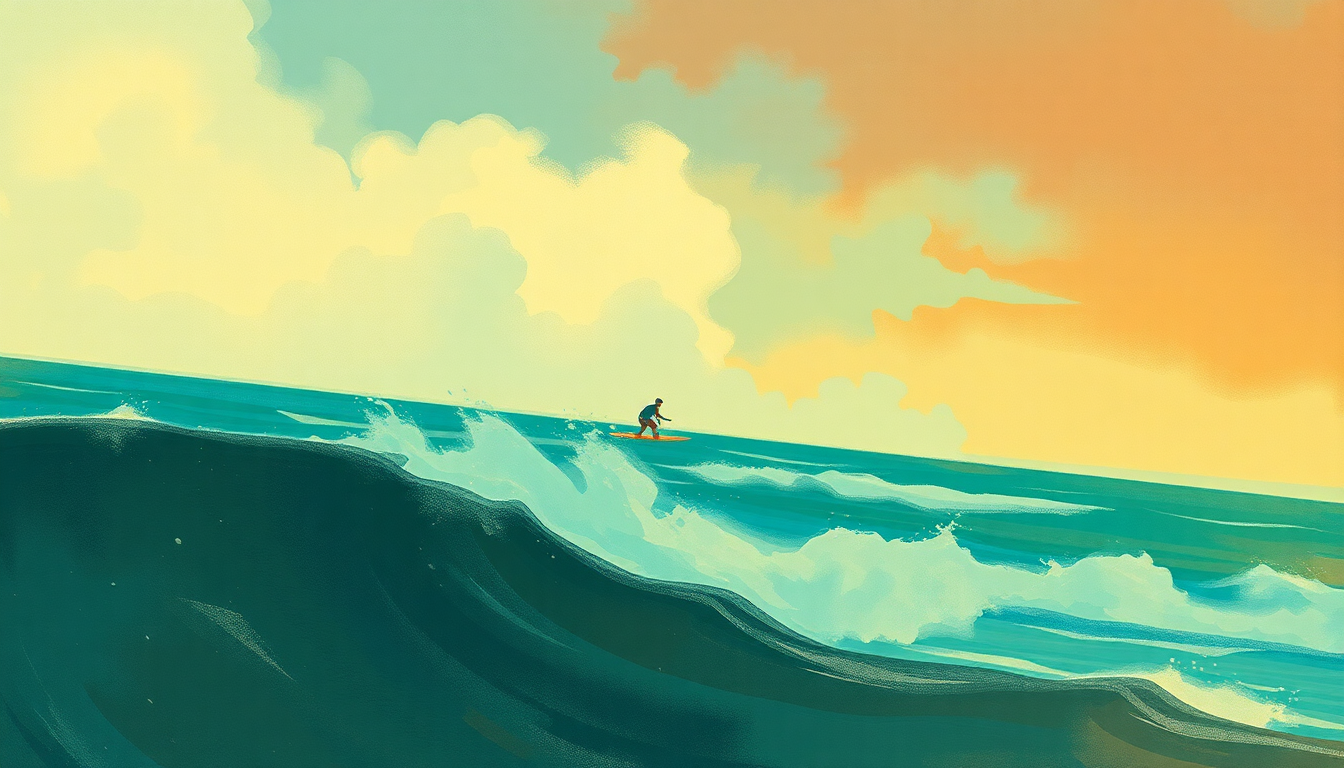 Fan-driven abstract illustration evoking the emotional arc of Surf Beat by Dick Dale