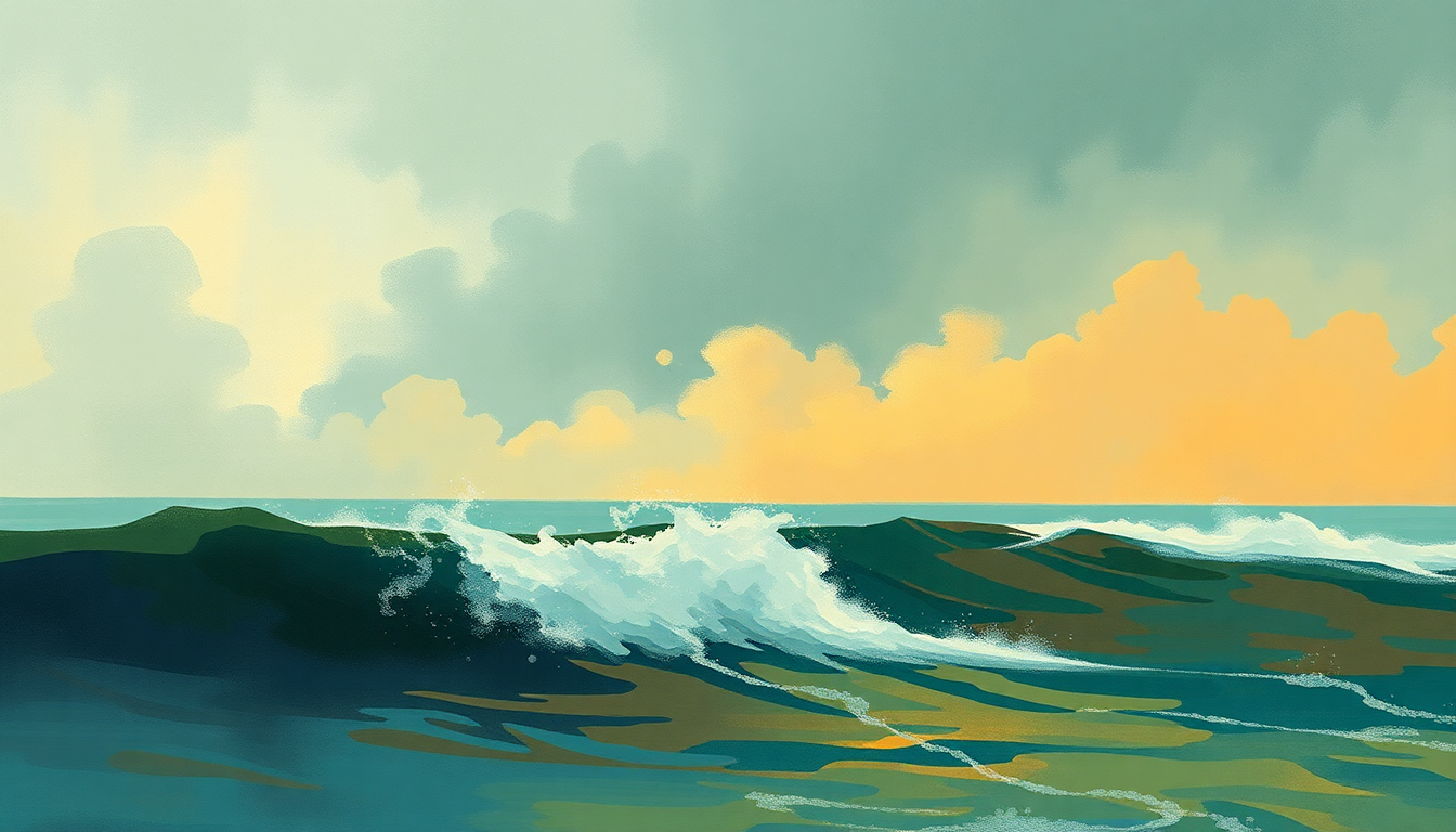 Fan-driven abstract illustration evoking the emotional arc of Surfing Drums by Dick Dale
