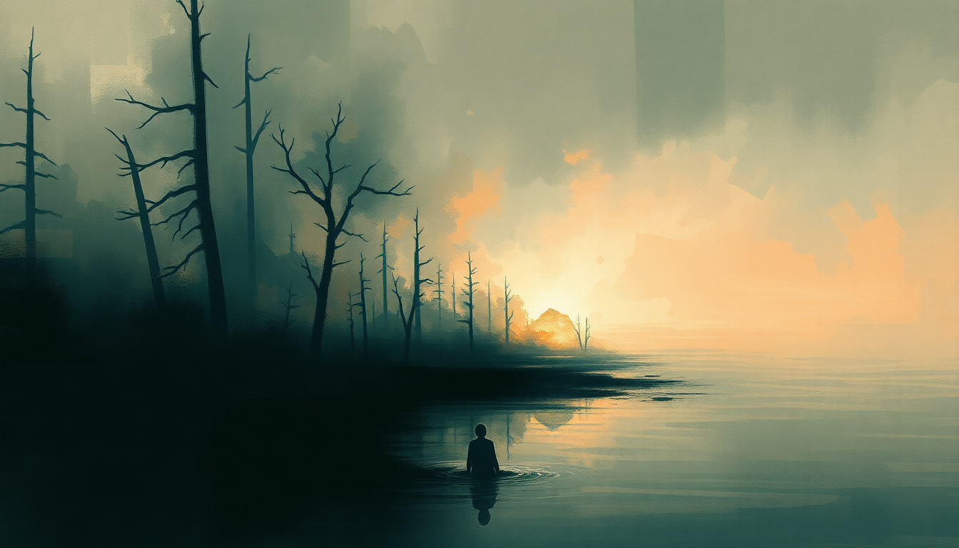 Fan-driven abstract illustration evoking the emotional arc of Swamp Song by Tool