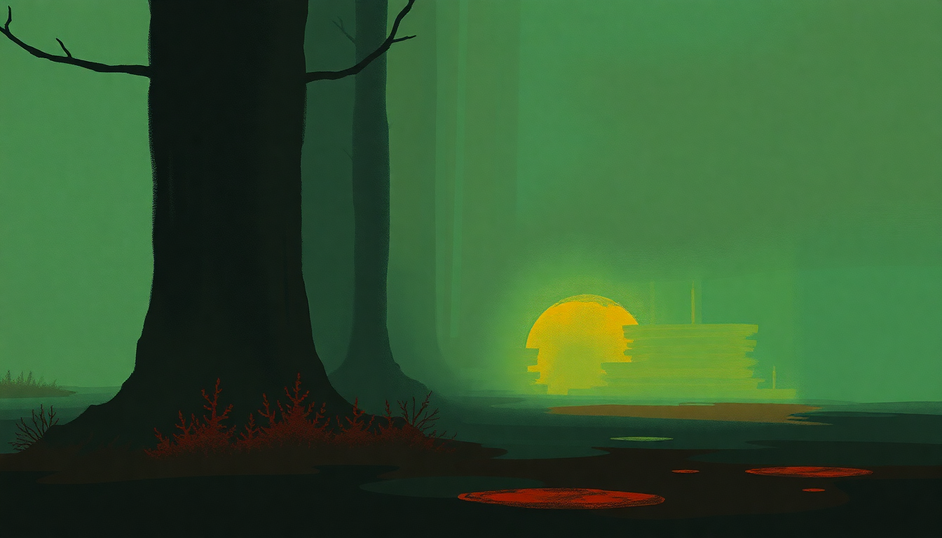 Fan-driven abstract illustration evoking the emotional arc of Swamp by Talking Heads