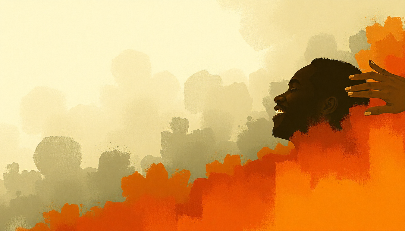 Fan-driven abstract illustration evoking the emotional arc of Taklami by Amadou and Mariam
