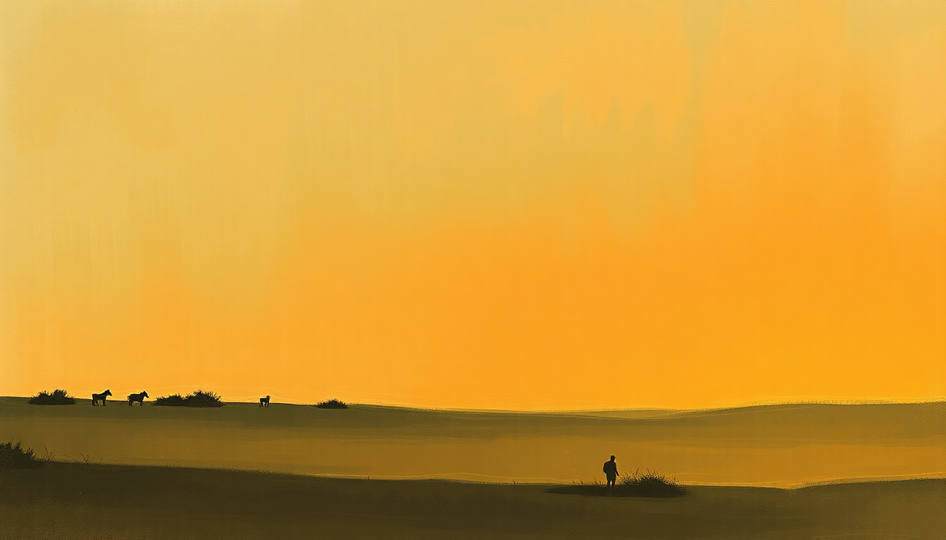 Fan-driven abstract illustration evoking the emotional arc of Talking Dust Bowl Blues by Woody Guthrie