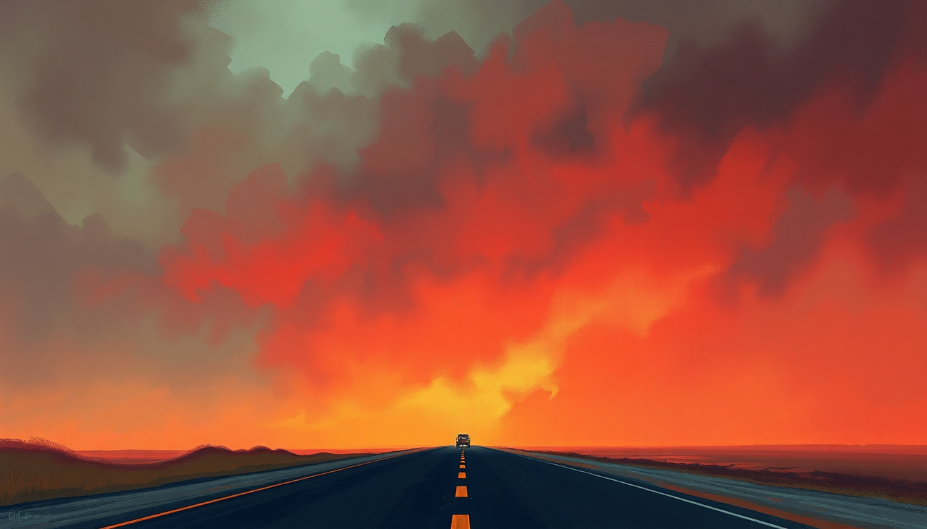 Fan-driven abstract illustration evoking the emotional arc of Telegraph Road by Dire Straits