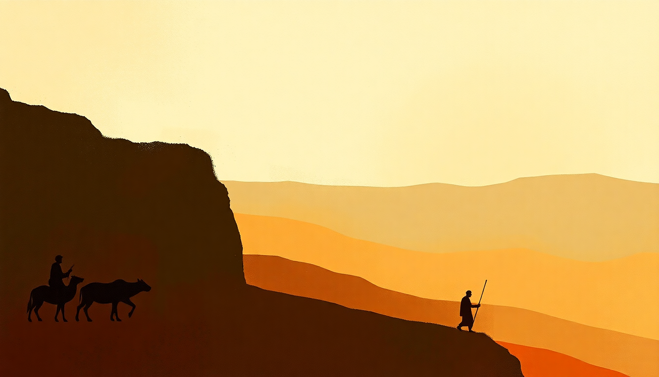 Fan-driven abstract illustration evoking the emotional arc of Tenere Den by Tinariwen