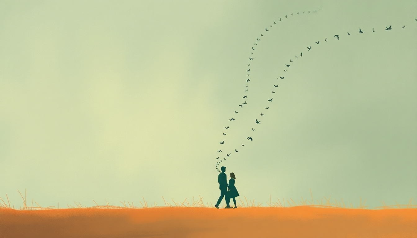 Fan-driven abstract illustration evoking the emotional arc of The Ants Go Marching by Traditional