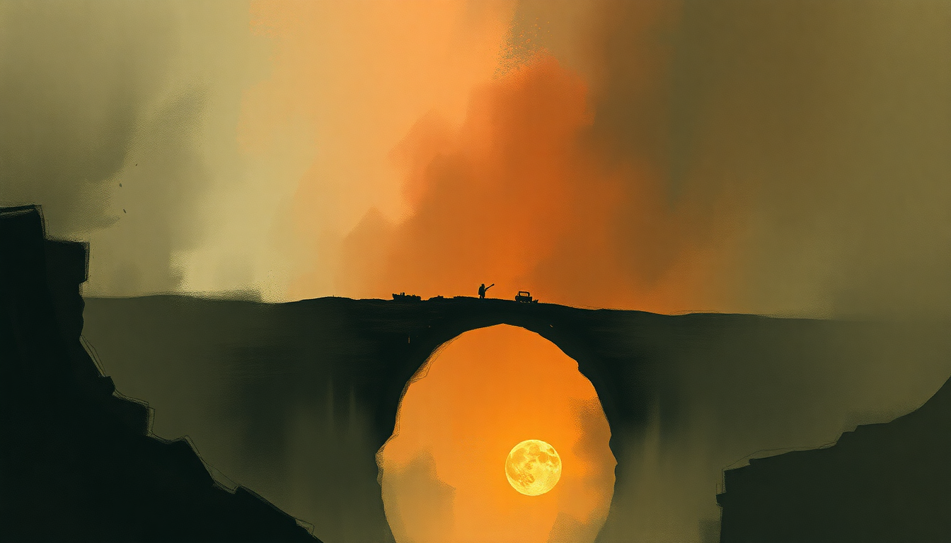 Fan-driven abstract illustration evoking the emotional arc of The Bridge of Khazad-dûm by Howard Shore