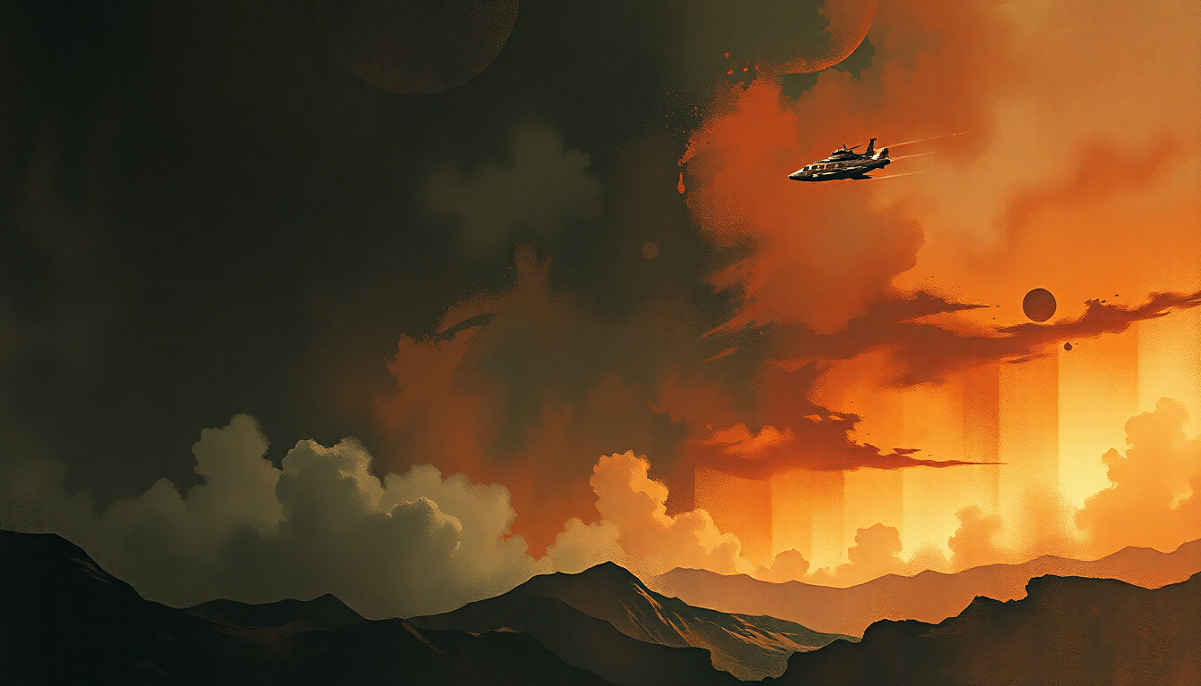 Fan-driven abstract illustration evoking the emotional arc of The Planets, Op. 32: I. Mars, the Bringer of War by Gustav Holst