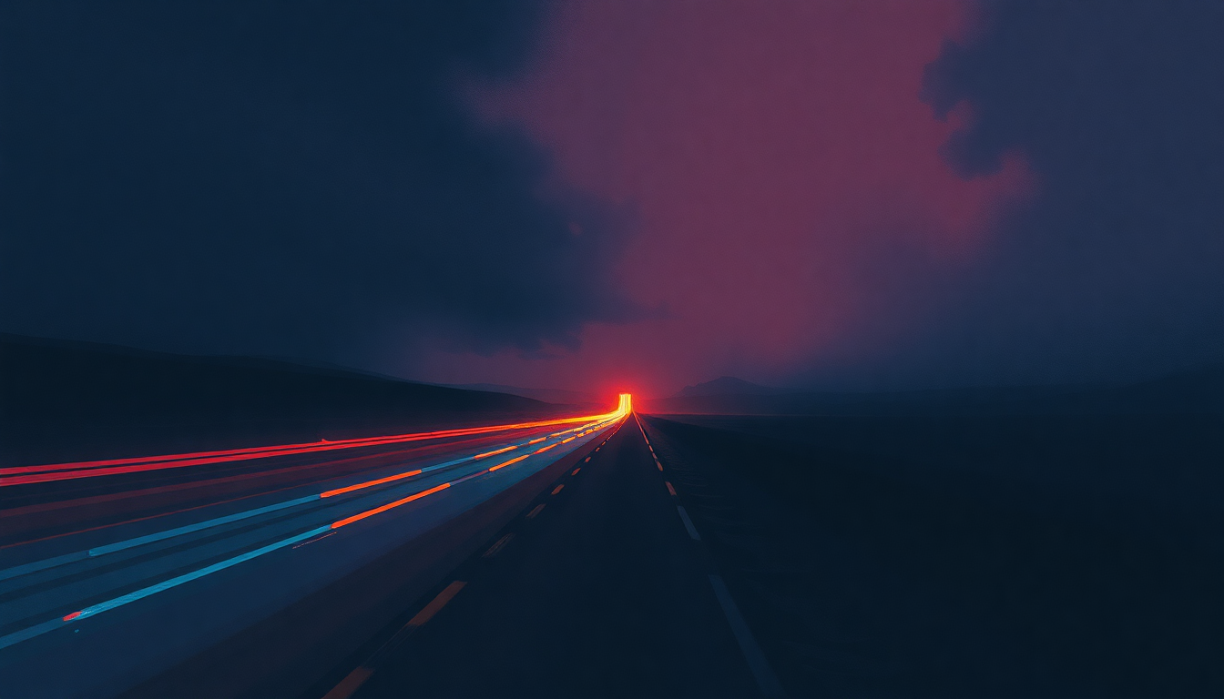 Fan-driven abstract illustration evoking the emotional arc of The Road Goes on Forever by Joe Ely