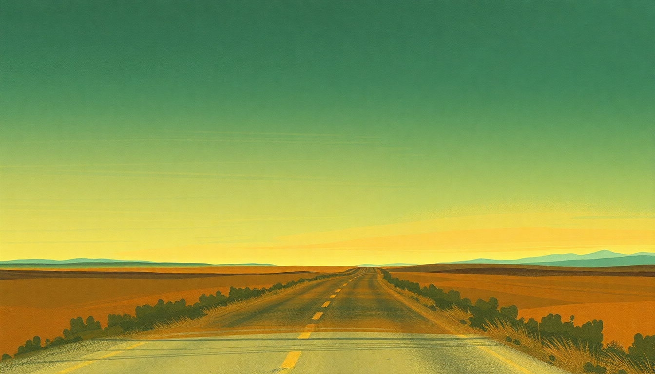 Fan-driven abstract illustration evoking the emotional arc of The Road Goes on Forever by Robert Earl Keen