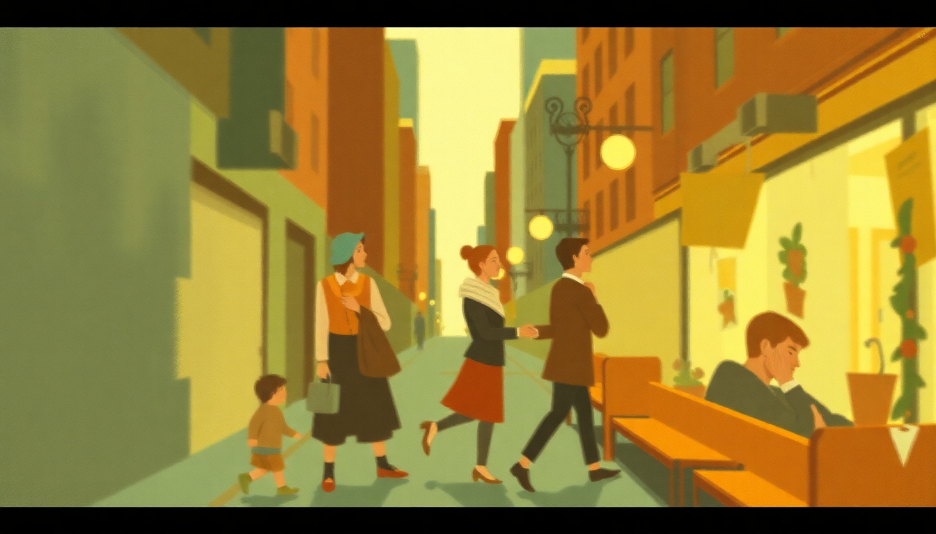 Fan-driven abstract illustration evoking the emotional arc of Sidewalks of New York by Dan Zanes