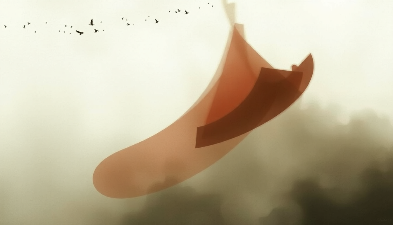 Fan-driven abstract illustration evoking the emotional arc of The Trapeze Swinger by Iron & Wine