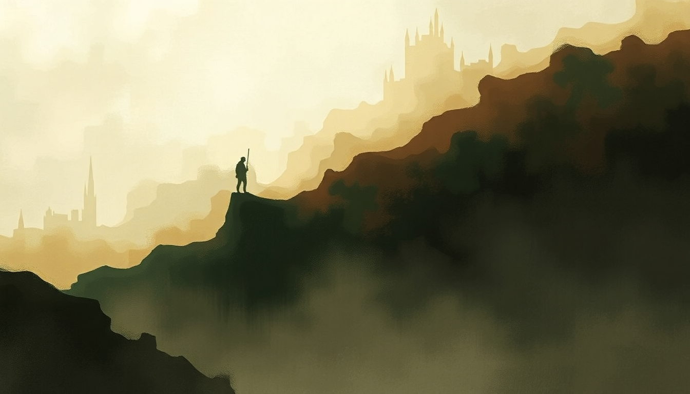 Fan-driven abstract illustration evoking the emotional arc of The Treason of Isengard by Howard Shore