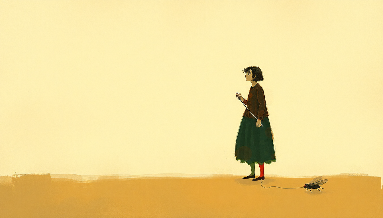 Fan-driven abstract illustration evoking the emotional arc of There Was an Old Lady Who Swallowed a Fly by Traditional