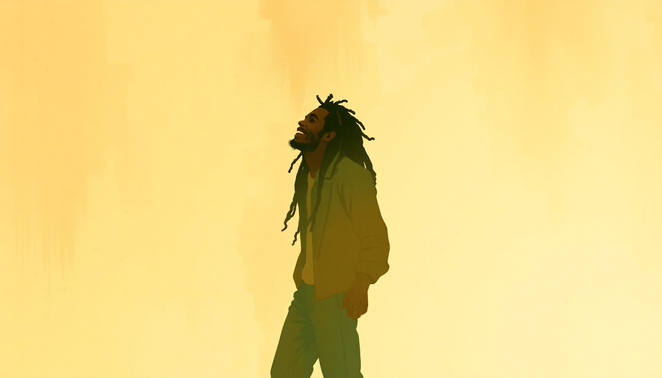 Fan-driven abstract illustration evoking the emotional arc of Trenchtown Rock by Bob Marley