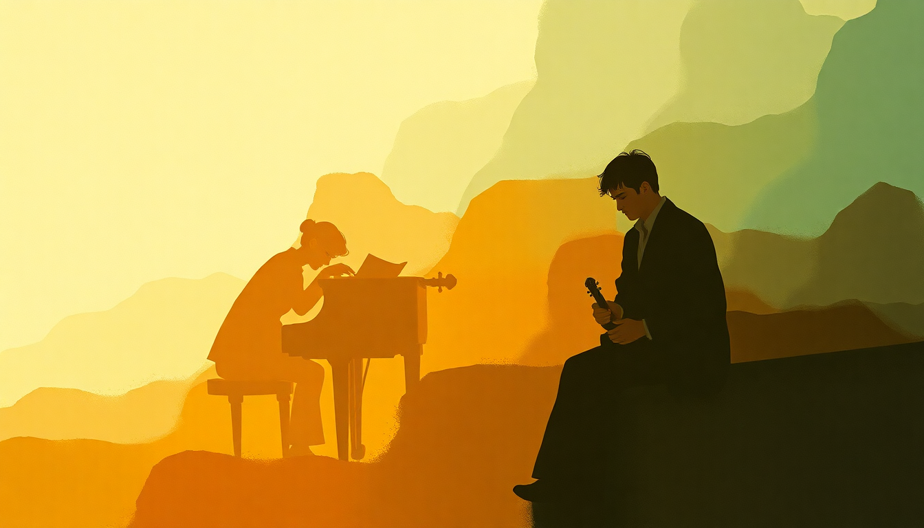 Fan-driven abstract illustration evoking the emotional arc of Piano Quintet in A major, D. 667 'Trout' by Franz Schubert