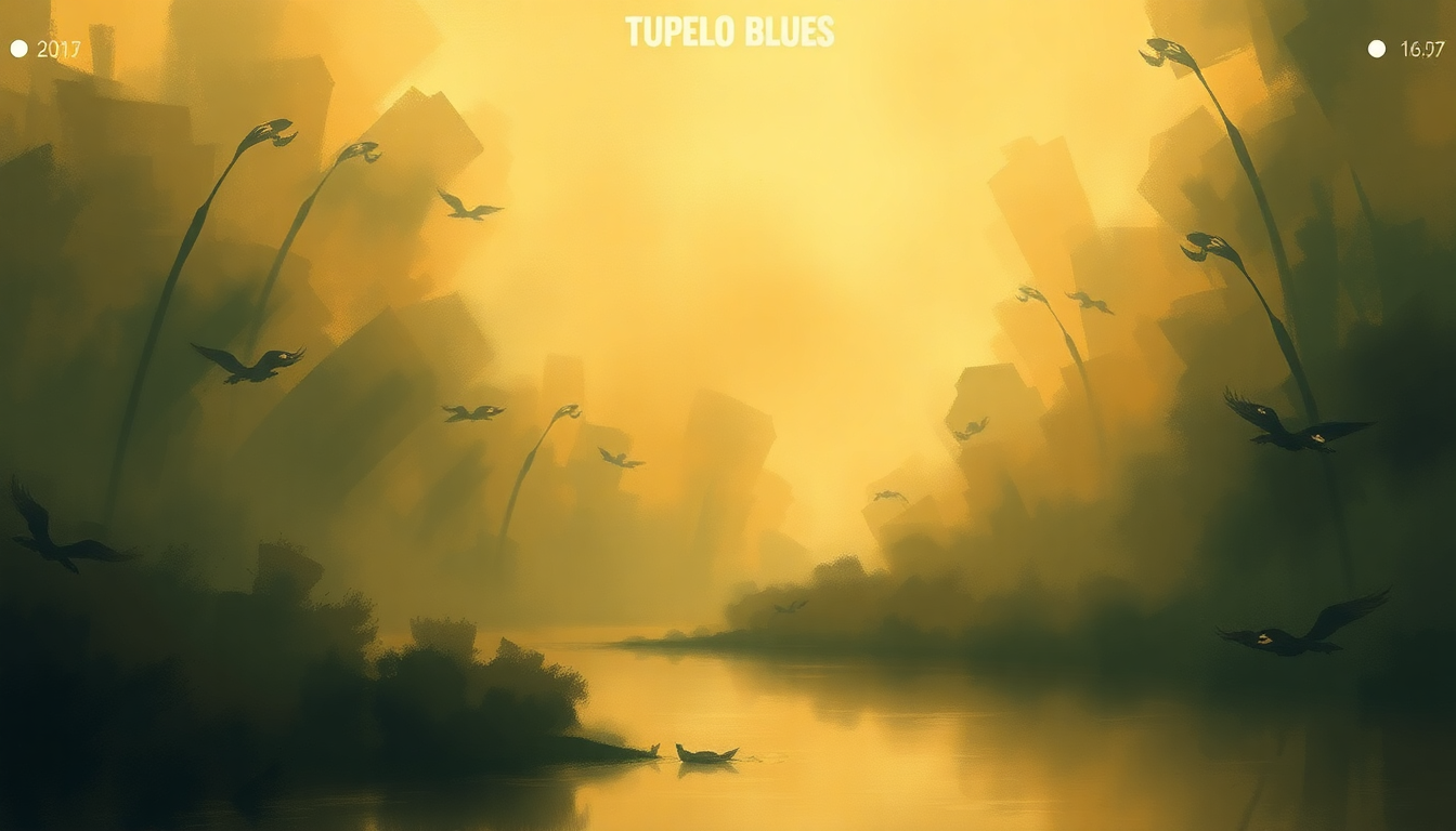 Fan-driven abstract illustration evoking the emotional arc of Tupelo Blues by John Lee Hooker