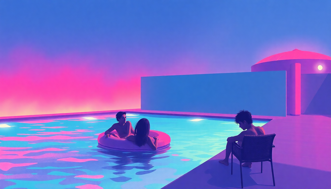 Fan-driven abstract illustration evoking the emotional arc of Twisting by the Pool by Dire Straits