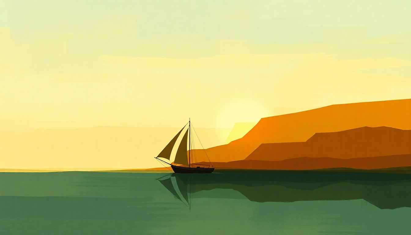 Fan-driven abstract illustration evoking the emotional arc of Une barque sur l'océan by Maurice Ravel