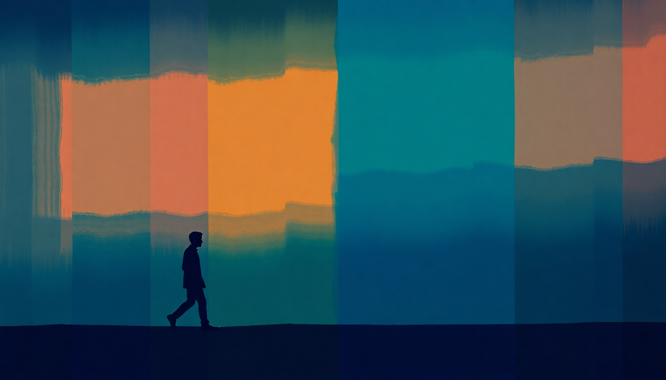 Fan-driven abstract illustration evoking the emotional arc of Walk It Down by Talking Heads