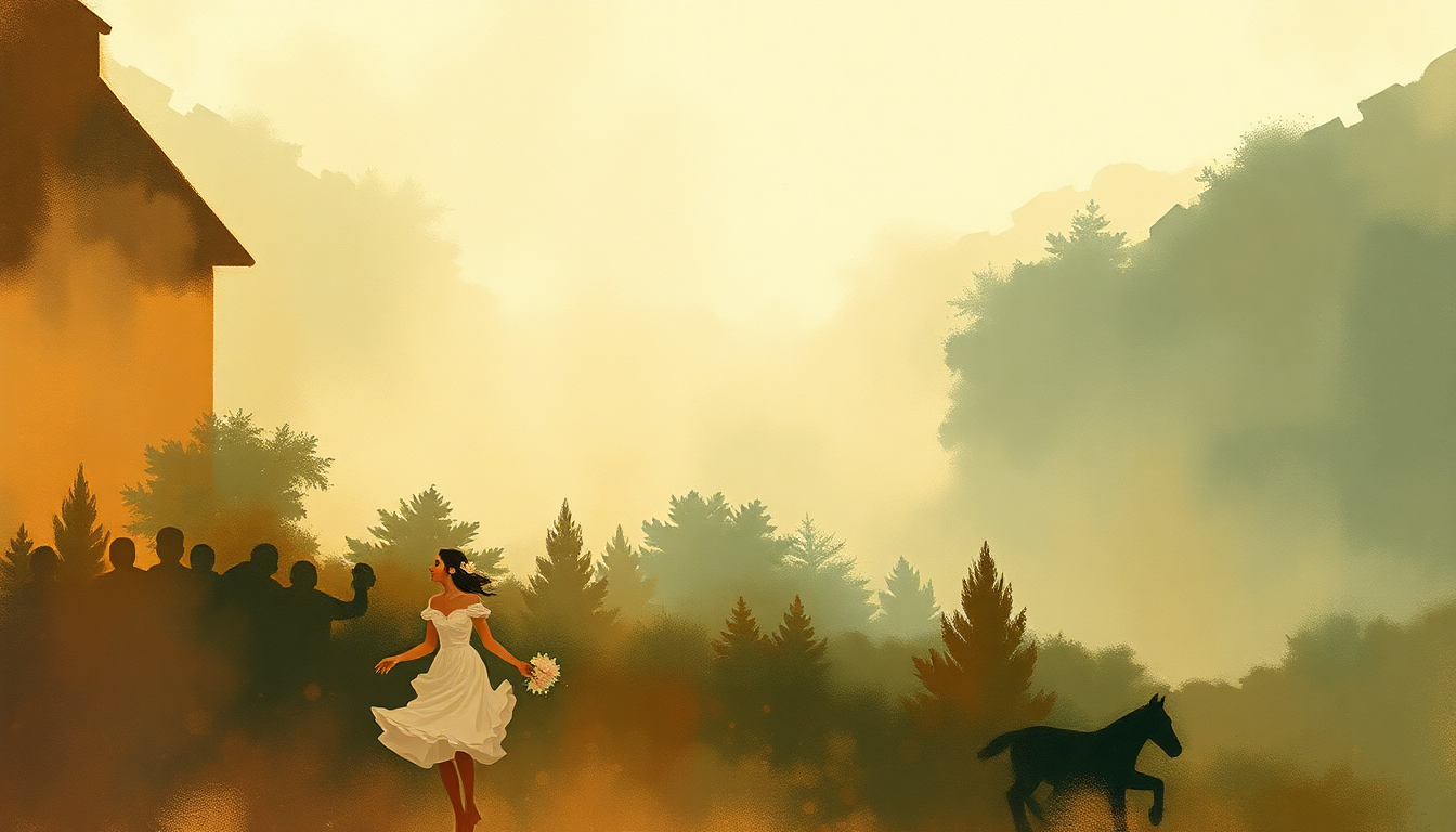 Fan-driven abstract illustration evoking the emotional arc of Wedding Day at Troldhaugen by Edvard Grieg