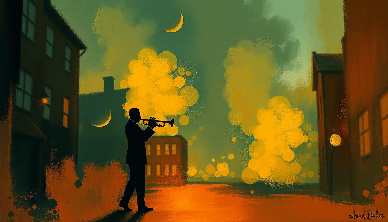 Fan-driven abstract illustration evoking the emotional arc of West End Blues by Louis Armstrong