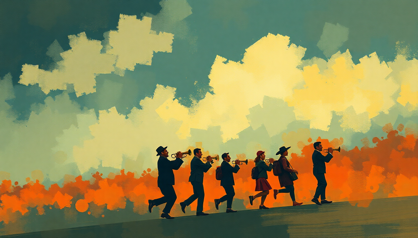 Fan-driven abstract illustration evoking the emotional arc of When the Saints Go Marching In by Louis Armstrong